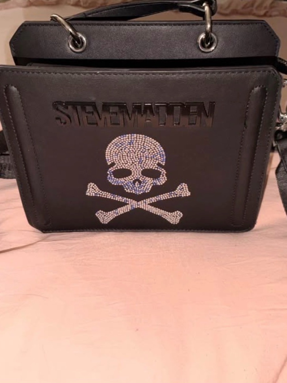 Steve Madden Black Messenger Bag with Crystal Skull Accent